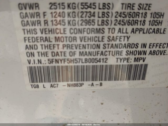 5FNYF5H57LB005412 Honda Pilot 2wd Ex-l