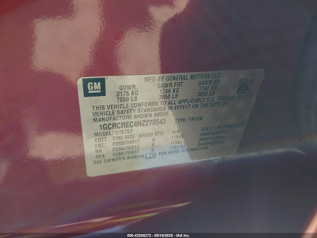 1GCRCREC4HZ278543 Chevrolet Silverado 1500 1lt