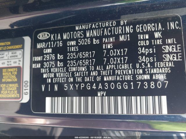 5XYPG4A30GG173807 KIA Sorento 2.4l Lx