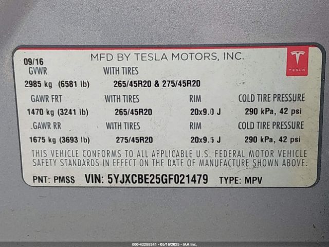 2016 TESLA MODEL X 5YJXCBE25GF021479 Photo 8