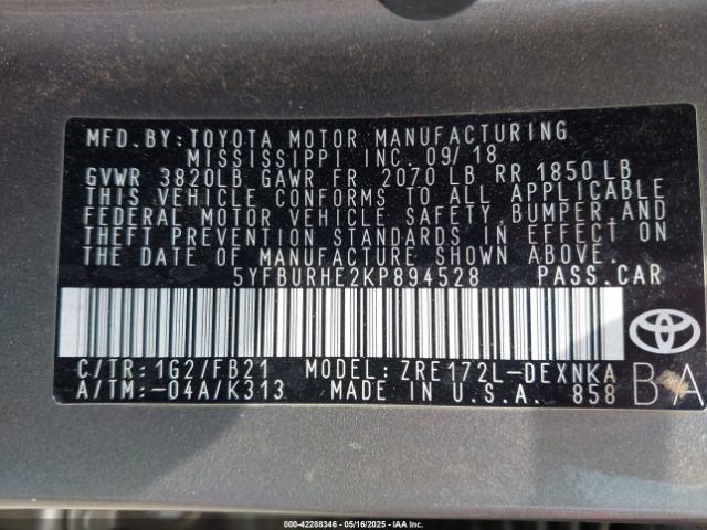 5YFBURHE2KP894528 Toyota COROLLA LE
