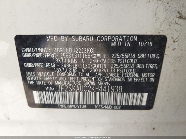 JF2SKAUC2KH441938 Subaru naturally aspirated u5
