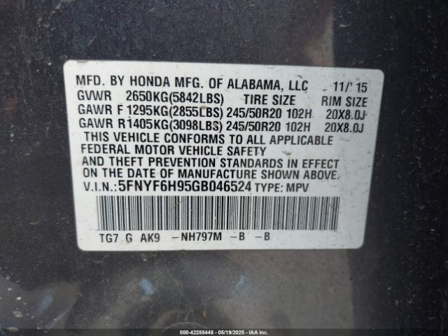 5FNYF6H95GB046524 Honda Pilot Touring