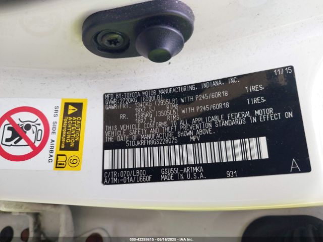 5TDJKRFH8GS228075 Toyota Highlander Xle V6
