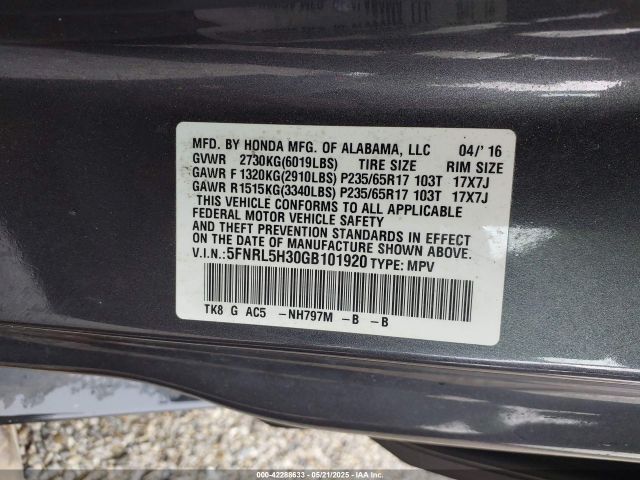 5FNRL5H30GB101920 Honda ODYSSEY SE