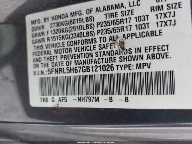 5FNRL5H67GB121026 Honda Odyssey Ex-l