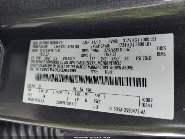 1FTEW1E40LKD04699 Ford F-150 Xlt