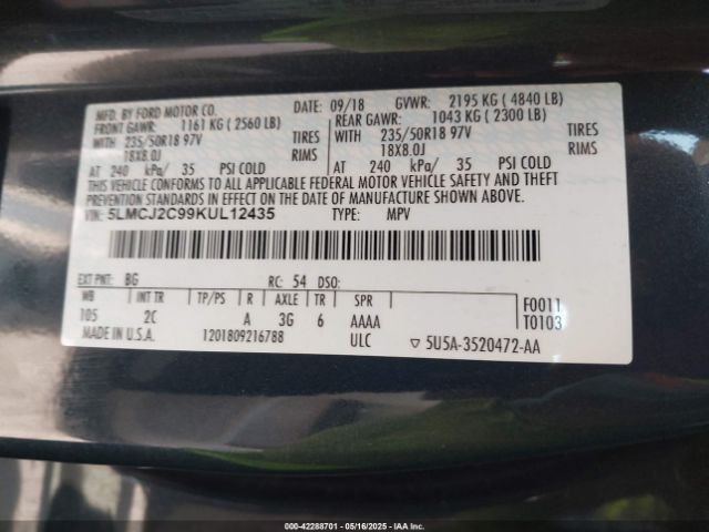 5LMCJ2C99KUL12435 Lincoln MKC SELECT
