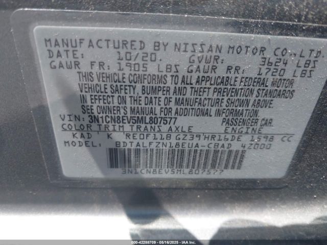 3N1CN8EV5ML807577 Nissan Versa Sv Xtronic Cvt