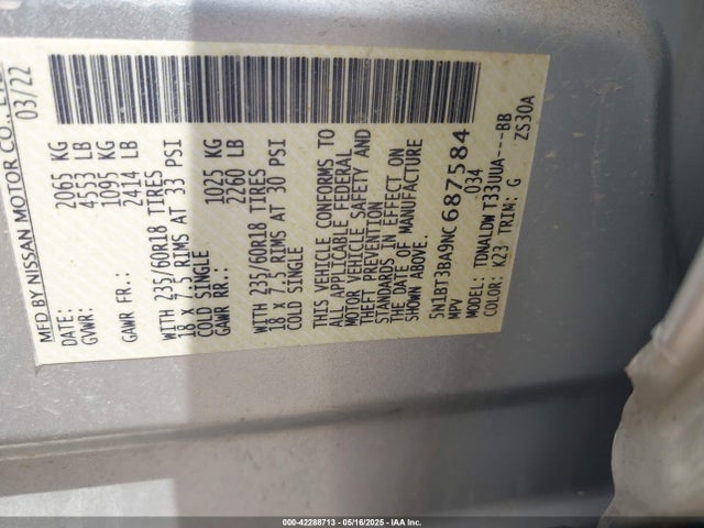 5N1BT3BA9NC687584 Nissan Rogue Sv Fwd