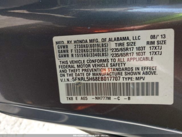 5FNRL5H68EB017707 Honda Odyssey Ex-l