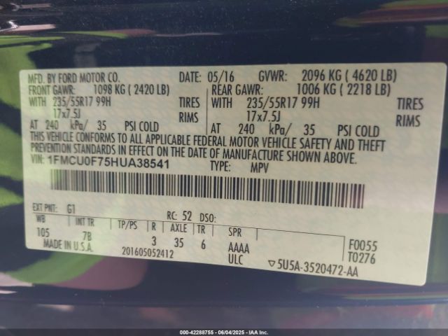1FMCU0F75HUA38541 Ford ESCAPE S