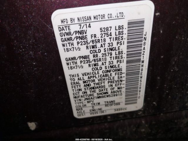 JN8AZ1MW9EW529910 Nissan MURANO SV