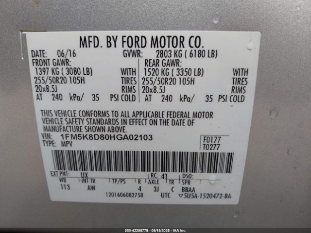 1FM5K8D80HGA02103 Ford EXPLORER XLT