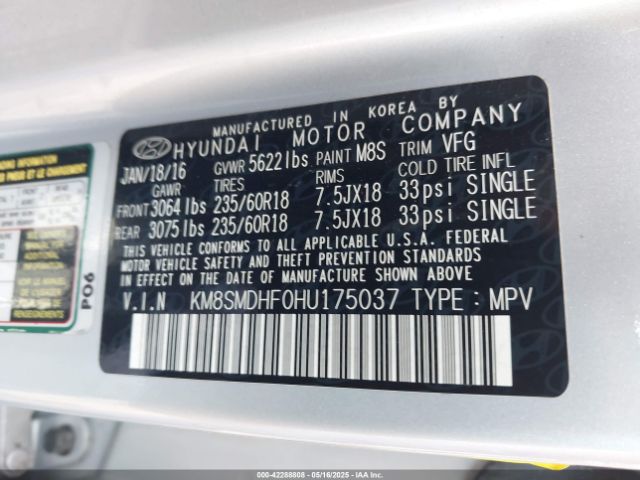 KM8SMDHF0HU175037 Hyundai Santa Fe Se