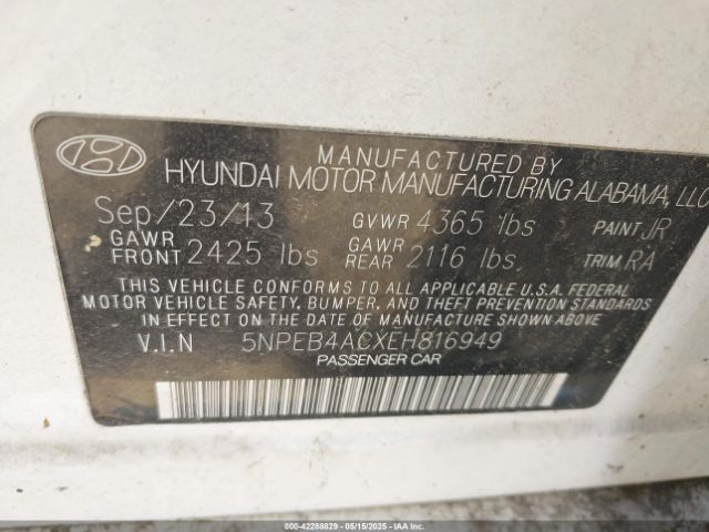 5NPEB4ACXEH816949 Hyundai SONATA GLS