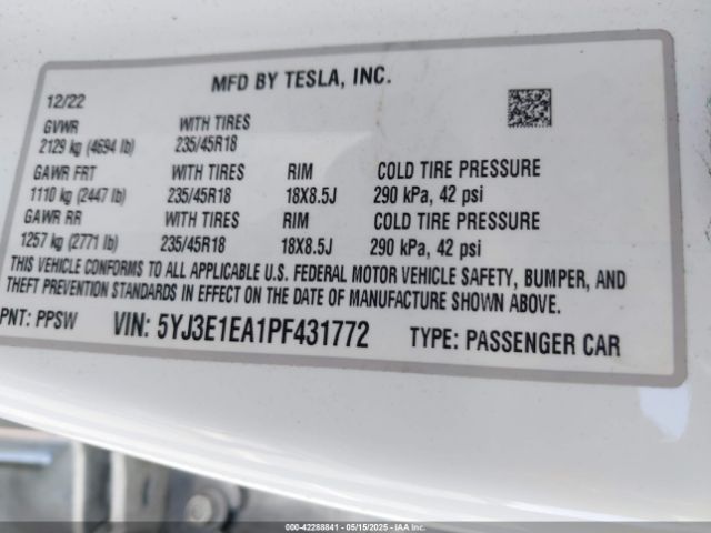 5YJ3E1EA1PF431772 Tesla Model 3 Rear-wheel Drive