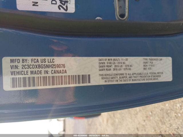 2C3CDXBG5NH259076 Dodge Charger Sxt Rwd