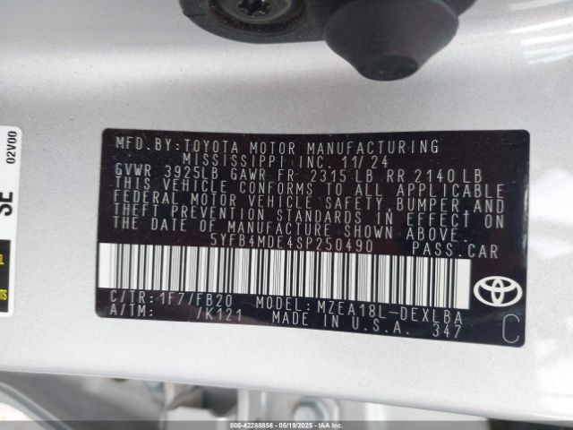 5YFB4MDE4SP250490 Toyota COROLLA LE