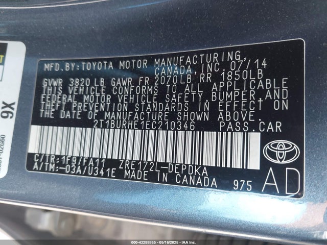 Toyota COROLLA L 2014 2T1BURHE1EC210346 Image 9