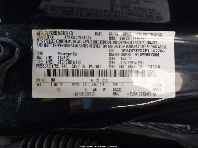 1FADP3F22EL102788 Ford FOCUS SE