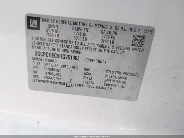 3GCPCREC5HG261063 Chevrolet l83 - sidi: spark ignited direct injection, vvt: variable valve timing, afm, e85 max, alum