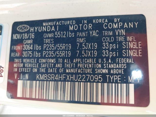 KM8SR4HFXHU227095 Hyundai gdi lambda ii
