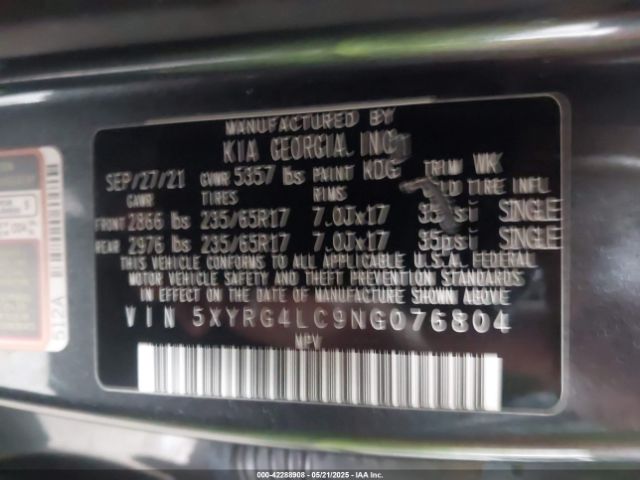 5XYRG4LC9NG076804 KIA SORENTO LX