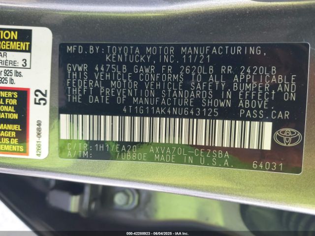 4T1G11AK4NU643125 Toyota CAMRY SE