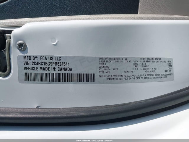 42289099 :رقم المزاد ، 2C4RC1BG9PR624541 vin ، 2023 Chrysler Pacifica Touring L مزاد بيع