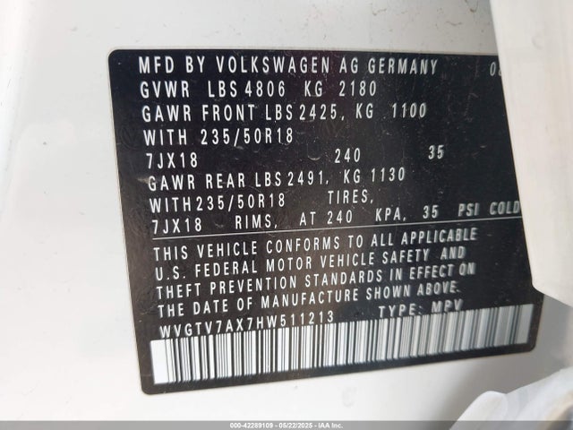 WVGTV7AX7HW511213 Volkswagen 2.0 tsi