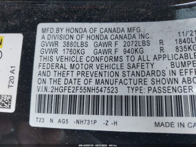 2HGFE2F55NH547523 Honda Civic Sport