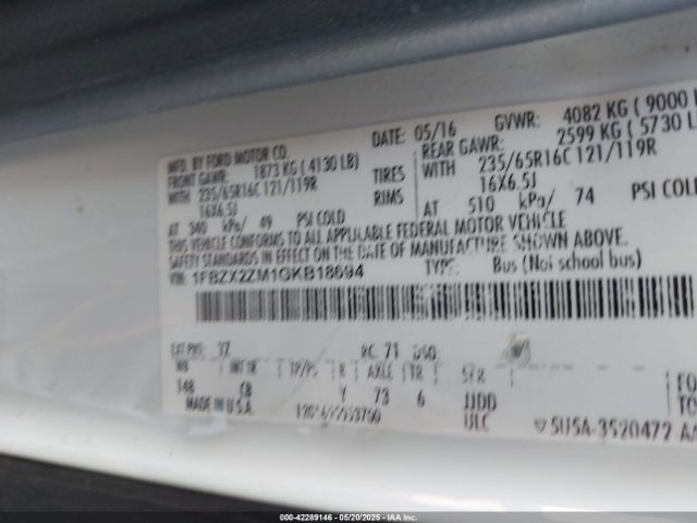 1FBZX2ZM1GKB18694 Ford Transit-350 Xlt