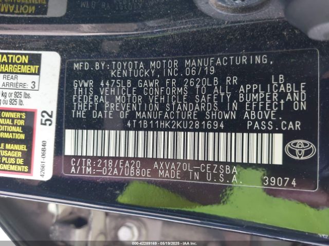 4T1B11HK2KU281694 Toyota CAMRY SE