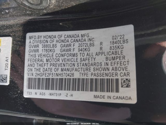 2HGFE2F51NH570426 Honda Civic Sport