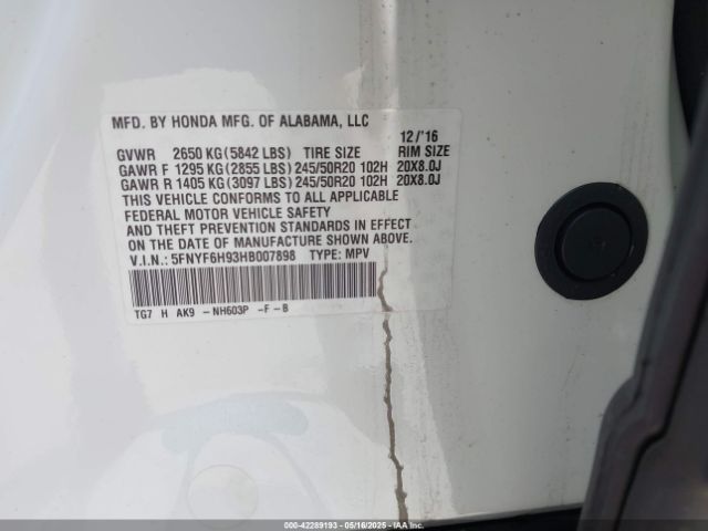 5FNYF6H93HB007898 Honda Pilot Touring
