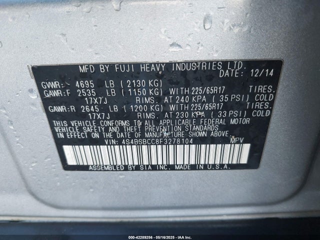4S4BSBCC8F3278104 Subaru 2.5l u6