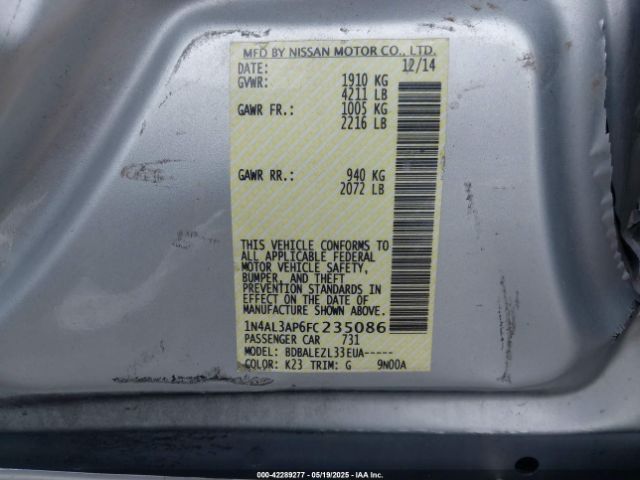1N4AL3AP6FC235086 Nissan Altima 2.5/2.5 S/2.5 Sl/2.5 Sv