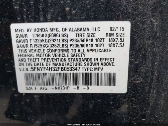 5FNYF4H32FB053347 Honda PILOT SE