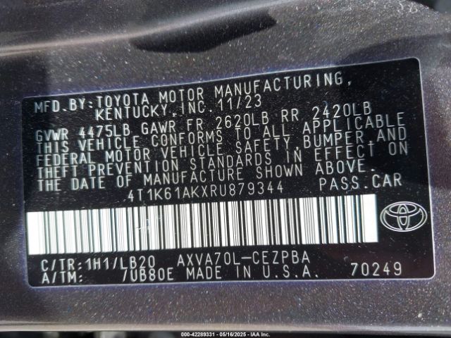 4T1K61AKXRU879344 Toyota CAMRY XSE