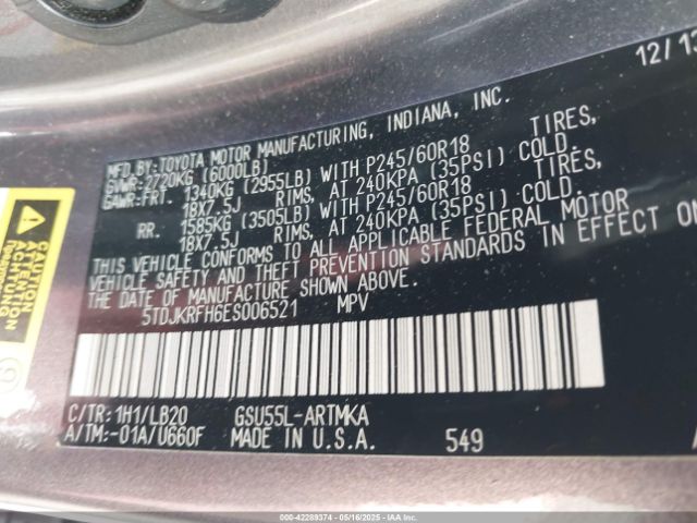 5TDJKRFH6ES006521 Toyota Highlander Xle V6