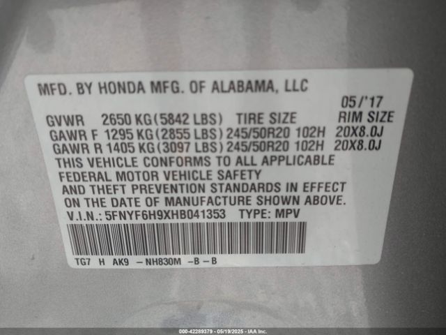 5FNYF6H9XHB041353 Honda Pilot Touring