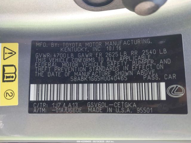 58ABK1GG5HU040465 Lexus ES 350