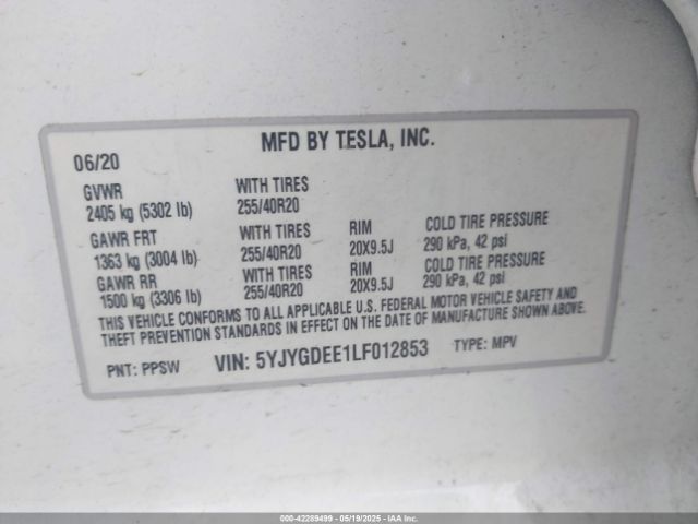 2020 TESLA MODEL Y 5YJYGDEE1LF012853 Photo 8
