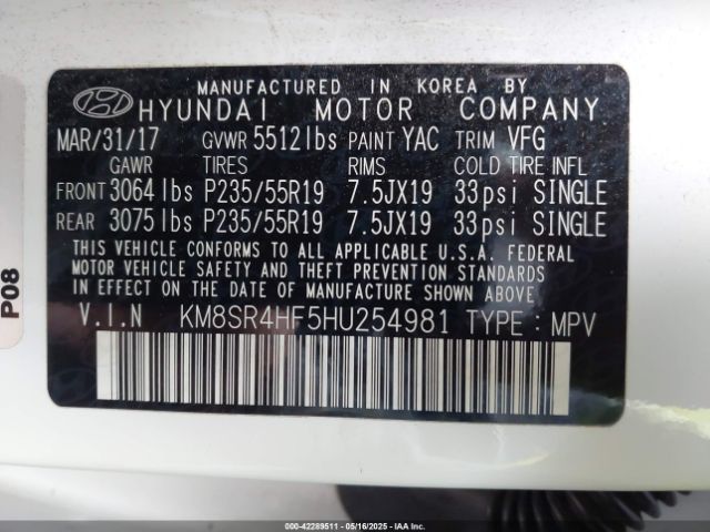 KM8SR4HF5HU254981 Hyundai Santa Fe Se Ultimate