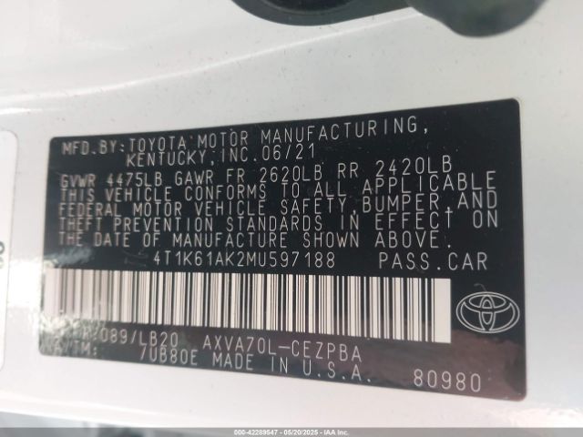 4T1K61AK2MU597188 Toyota CAMRY XSE