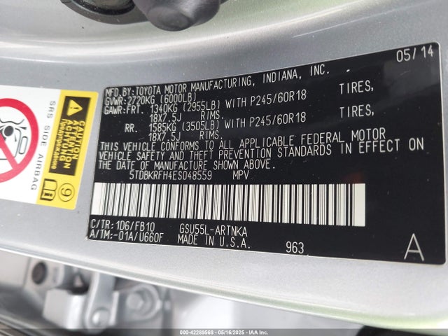 Toyota Highlander Le V6 2014 5TDBKRFH4ES048559 Image 9