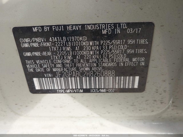 Subaru naturally aspirated 2017 JF2GPABC2H8260888 Image 9