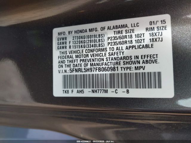 5FNRL5H97FB060981 Honda Odyssey Touring/touring Elite