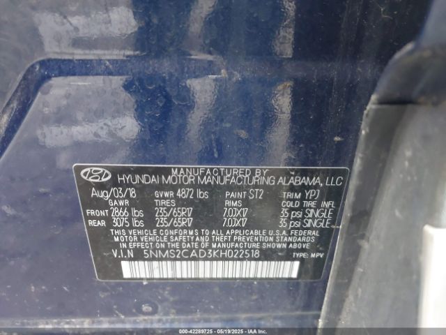 2019 HYUNDAI SANTA FE 5NMS2CAD3KH022518 Photo 8